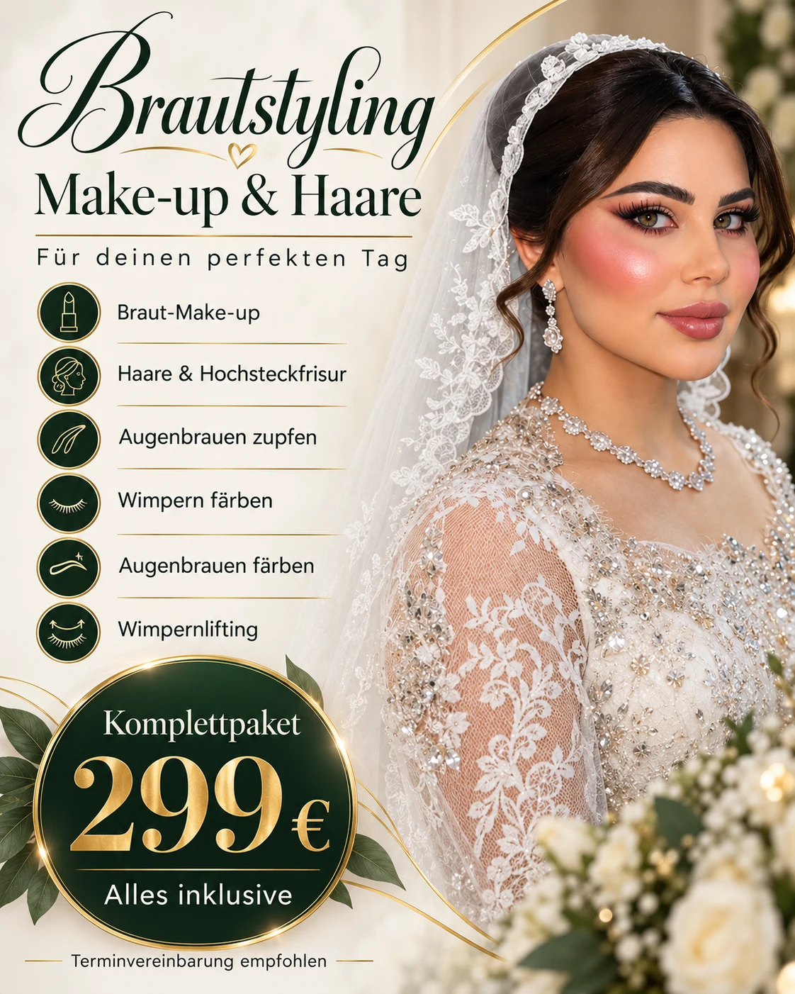 Brautstyling Make-up und Haare, Komplettpaket 299 € alles inklusive — Braut-Make-up, Hochsteckfrisur, Augenbrauen zupfen und färben, Wimpern färben, Wimpernlifting